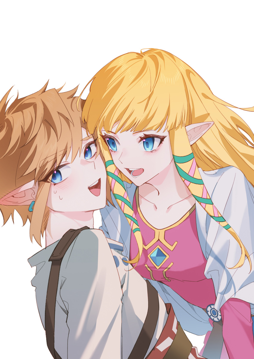 1boy 1girl absurdres assertive_female bangs blonde_hair blunt_bangs blush breasts dress earrings green_ribbon grey_shirt hair_between_eyes hair_ribbon highres jewelry leaning_forward link long_hair lower_teeth medium_breasts namazuoku open_mouth pink_dress pink_ribbon pointy_ears princess_zelda ribbon shirt short_hair sidelocks smile sweatdrop teeth the_legend_of_zelda the_legend_of_zelda:_skyward_sword upper_body upper_teeth white_background