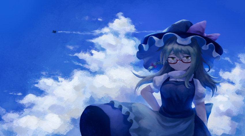 1girl apron back_bow bangs bespectacled black_headwear black_skirt black_vest blonde_hair blue_sky bow braid closed_mouth clouds commentary_request cowboy_shot frilled_hat frills glasses hair_bow hand_on_hip hat hat_bow highres kirisame_marisa lakenightbug long_hair looking_at_viewer puffy_short_sleeves puffy_sleeves red-framed_eyewear red_bow semi-rimless_eyewear shirt short_sleeves single_braid skirt sky solo touhou vest waist_apron white_apron white_bow white_shirt witch_hat
