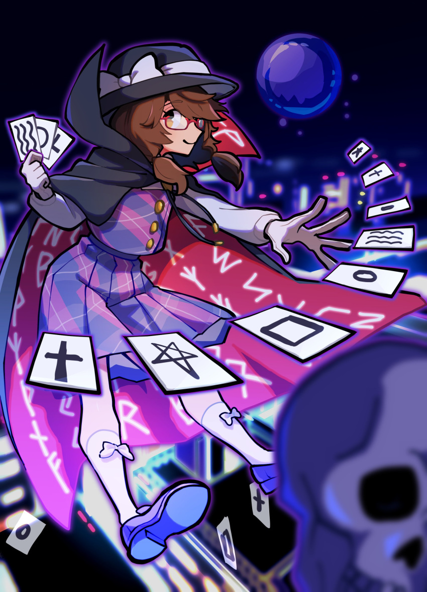 1girl absurdres ankle_socks bow brown_hair buttons cape card circle city_lights cloak clothes_writing cross fedora floating floating_object from_side full_body glasses hat hat_bow high_collar highres holding holding_card iganashi1 looking_at_viewer looking_to_the_side low_twintails outstretched_arm pentagram plaid plaid_skirt plaid_vest purple_vest red-framed_eyewear runes semi-rimless_eyewear shapes shoes short_hair skirt skull skyline smile sock_bow socks solo square touhou twintails under-rim_eyewear usami_sumireko vest zener_card