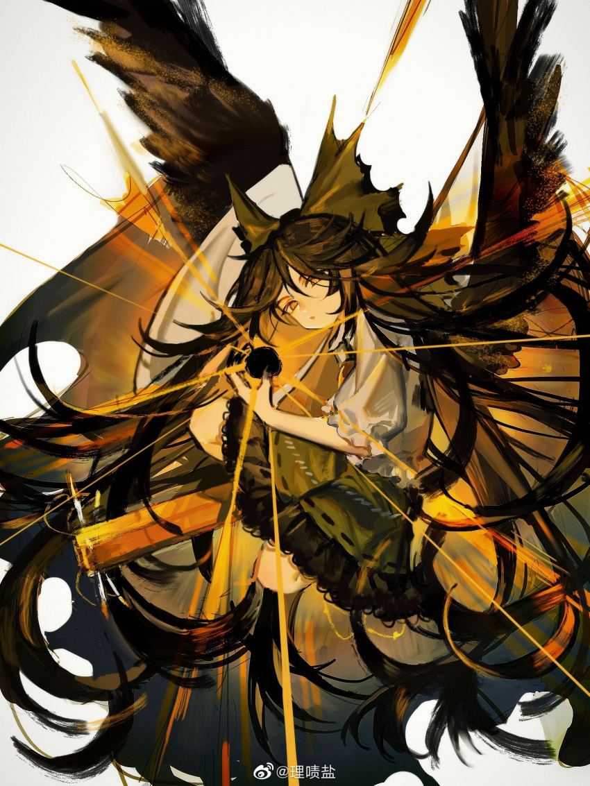 1girl :o arm_cannon bird_wings black_hair black_wings bow chinese_commentary commentary_request feathered_wings feathers floating_hair frilled_skirt frilled_sleeves frills glowing green_bow green_skirt hair_between_eyes hair_bow highres lizeyan long_hair looking_at_viewer open_mouth orange_eyes puffy_short_sleeves puffy_sleeves reiuji_utsuho ribbon-trimmed_skirt ribbon_trim shirt short_sleeves skirt solo sunburst touhou very_long_hair weapon weibo_logo weibo_username white_shirt wings