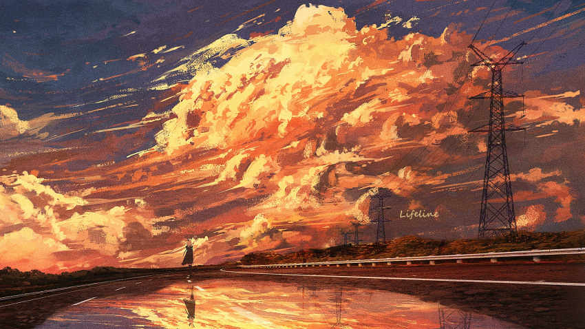1girl amiya_(arknights) arknights black_jacket brown_hair clouds cloudy_sky facing_away highres jacket lifeline_(a384079959) orange_sky outdoors power_lines railing reflective_floor road scenery sky solo sunset transmission_tower wide_shot