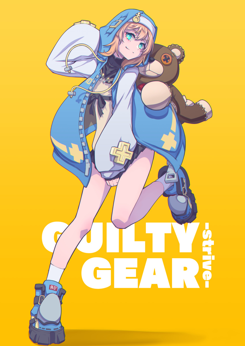 1girl absurdres androgyne_symbol aqua_eyes bare_legs blonde_hair blue_footwear blue_jacket bridget_(guilty_gear) clothes_pull commentary copyright_name dress english_commentary full_body guilty_gear guilty_gear_strive habit hand_up head_tilt hej highres jacket looking_at_viewer open_clothes open_jacket roger_(guilty_gear) shadow shoes short_hair simple_background smile socks solo stuffed_animal stuffed_toy teddy_bear transgender white_socks yellow_background yellow_dress zipper