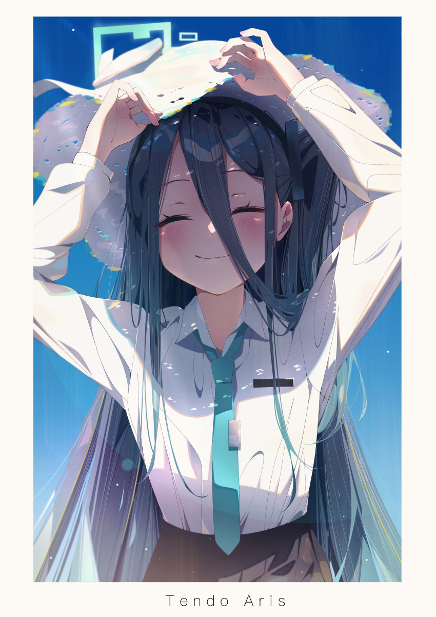 1girl absurdres arisu_(blue_archive) arms_up bangs black_hair black_hairband blue_archive border character_name closed_eyes collared_shirt framed hair_between_eyes hairband halo hat highres long_hair long_sleeves na2_tomato necktie one_side_up open_collar shirt sleeve_cuffs smile solo tie_clip white_headwear white_shirt