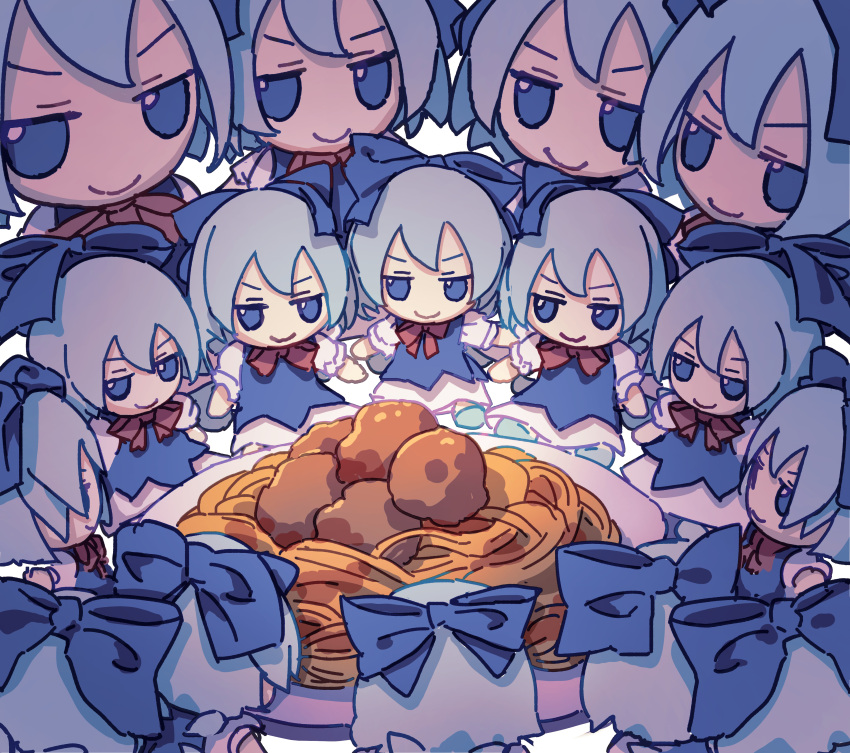 6+girls absurdres blue_bow blue_dress blue_eyes blue_hair bow cirno clone dress fairy food fumo_(doll) hair_between_eyes hair_bow highres ice ice_wings kame_(kamepan44231) meatball multiple_girls pasta plate shirt short_hair short_sleeves simple_background spaghetti surrounded touhou white_background white_shirt wings