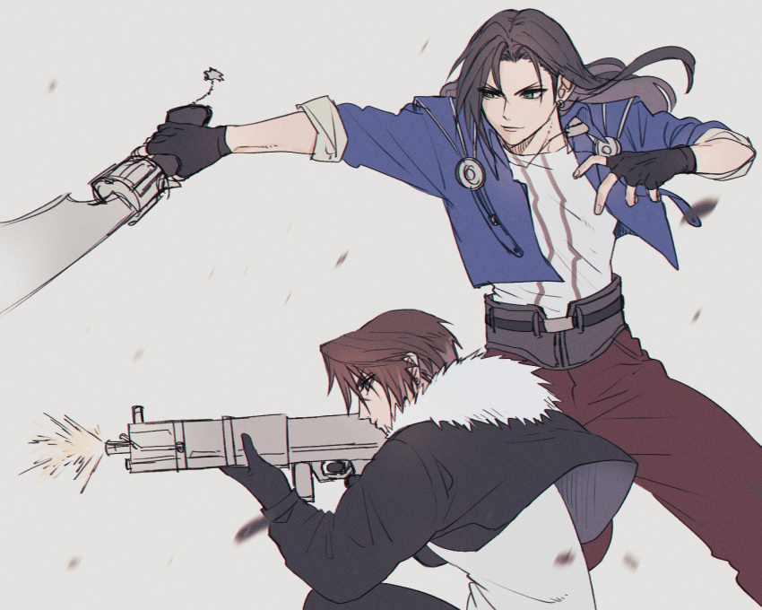 2boys ah_yoshimizu belt black_gloves black_hair black_jacket black_pants blue_eyes blue_jacket brown_hair brown_pants cowboy_shot cropped_jacket earrings father_and_son fighting_stance final_fantasy final_fantasy_viii fingerless_gloves gloves grey_background gun gunblade highres holding holding_gun holding_weapon jacket jewelry laguna_loire long_hair long_sleeves looking_to_the_side machine_gun male_focus multiple_boys pants shirt short_hair single_earring sleeves_rolled_up squall_leonhart weapon weapon_switch white_shirt