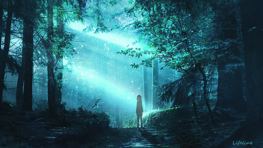 1girl arknights artist_name dappled_sunlight day forest halo highres jacket lifeline_(a384079959) long_hair mostima_(arknights) nature outdoors scenery shadow shorts solo standing sunlight tree wide_shot