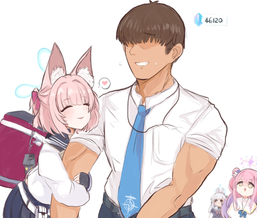 1boy 3girls animal_ear_fluff animal_ears arm_hug bag black_gloves blue_archive blue_necktie blush brown_hair capelet closed_mouth faceless faceless_male fingerless_gloves fox_ears gloves grey_hair hair_bun halo heart highres long_hair long_sleeves mika_(blue_archive) miyako_(blue_archive) multiple_girls necktie nico_(blue_archive) parted_lips pien pink_hair ro_(aahnn) school_bag school_uniform sensei_(blue_archive) shirt short_hair simple_background single_side_bun skirt smile spoken_heart white_background white_capelet white_shirt yellow_eyes