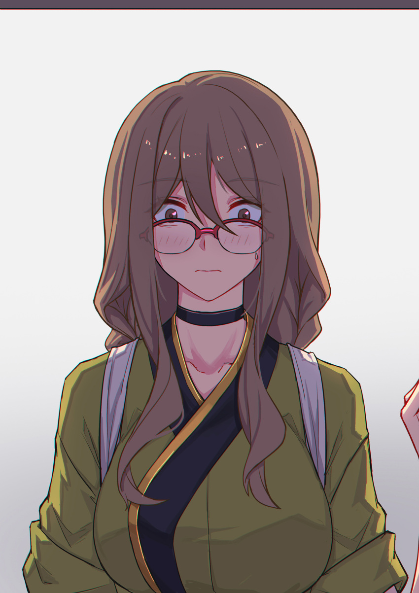 1girl blush breasts brown_hair choker glasses highres japanese_clothes kimono large_breasts long_hair lycoris_recoil nairobi_song nakahara_mizuki red-framed_eyewear solo sunlight sweatdrop