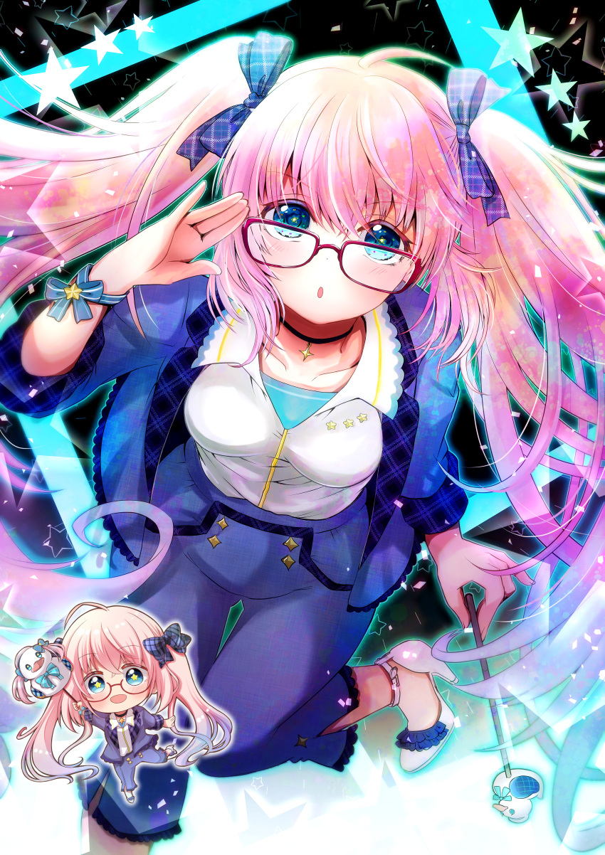 1girl :o absurdres blue_background blue_eyes blush bow chibi choker glasses hair_bow highres kirano_sion liver_city long_hair looking_at_viewer looking_up open_mouth pink_hair shimotsukishin solo twintails virtual_youtuber