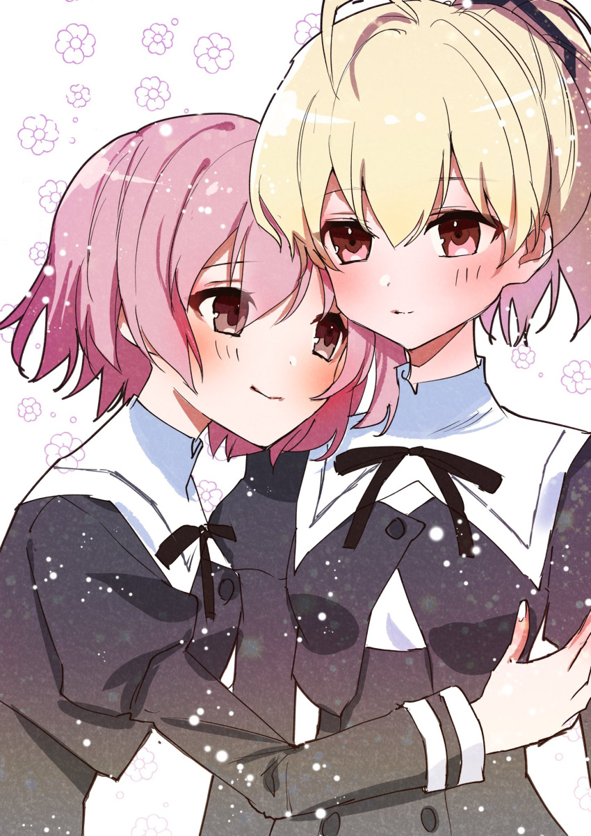 2girls ahoge andou_tazusa arms_at_sides assault_lily bangs black_ribbon black_skirt blonde_hair blush brown_eyes closed_mouth commentary_request cropped_jacket floral_background hair_between_eyes hair_ribbon hand_up head_on_another's_shoulder heads_together high-waist_skirt highres hitotsuyanagi_riri juliet_sleeves kikikaikai_(kikikaikai_chan) leaning_forward leaning_on_person light_particles long_sleeves looking_at_another looking_away multiple_girls neck_ribbon pink_hair ponytail puffy_sleeves ribbon school_uniform shirt short_hair skirt smile standing upper_body white_background white_shirt yuri yurigaoka_girls_academy_school_uniform