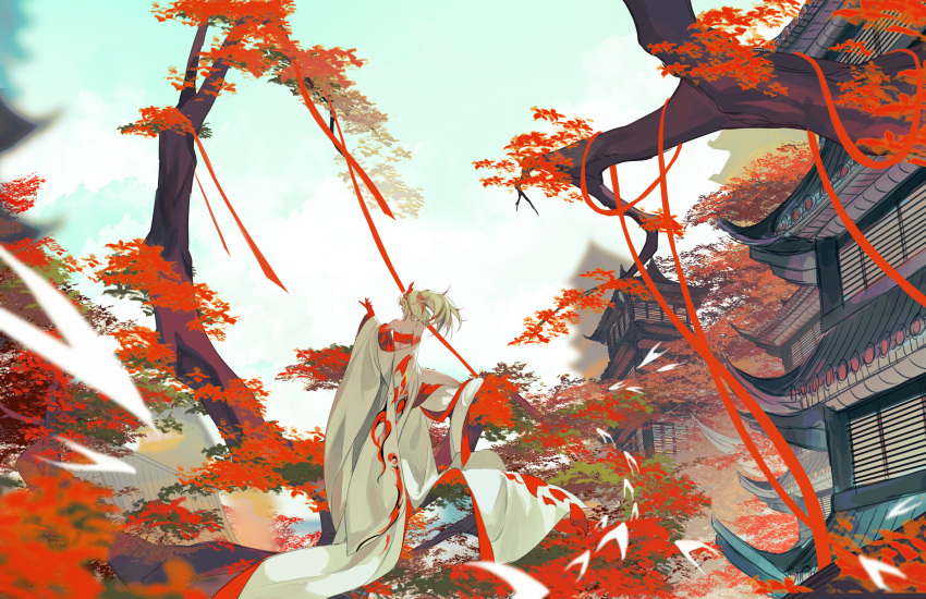 1girl absurdres architecture arknights autumn_leaves building chinese_commentary cloak closed_mouth colored_skin commentary dare_no_inarikami day dragon_horns east_asian_architecture facing_away hand_up highres horns long_hair multicolored_hair nian_(arknights) orange_hair orange_ribbon orange_skin orange_tube_top ponytail ribbon rooftop scenery sky solo strapless streaked_hair tree tube_top white_cloak white_hair wide_shot
