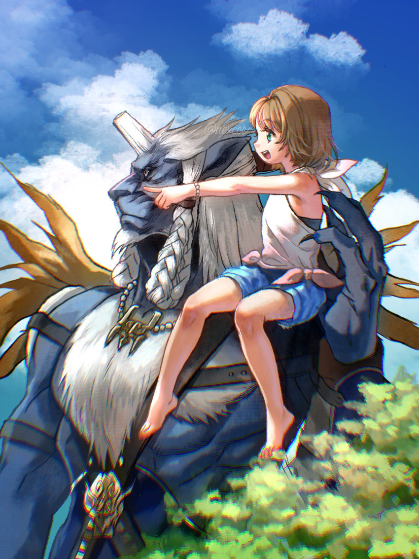 1boy 1girl arm_guards armor bangs bare_shoulders barefoot bead_bracelet beads beard black_undershirt blue_eyes blue_shorts blue_skin blue_skirt bracelet braid brown_hair claws clouds colored_skin facial_hair female_child final_fantasy final_fantasy_x full_body highres horns jewelry kimahri_ronso looking_to_the_side medium_hair nexeee open_mouth outdoors plant pointing shirt shorts shoulder_armor sidelocks single_horn sitting_on_shoulder skirt smile teeth upper_body upper_teeth white_hair white_shirt yellow_eyes younger yuna_(ff10)