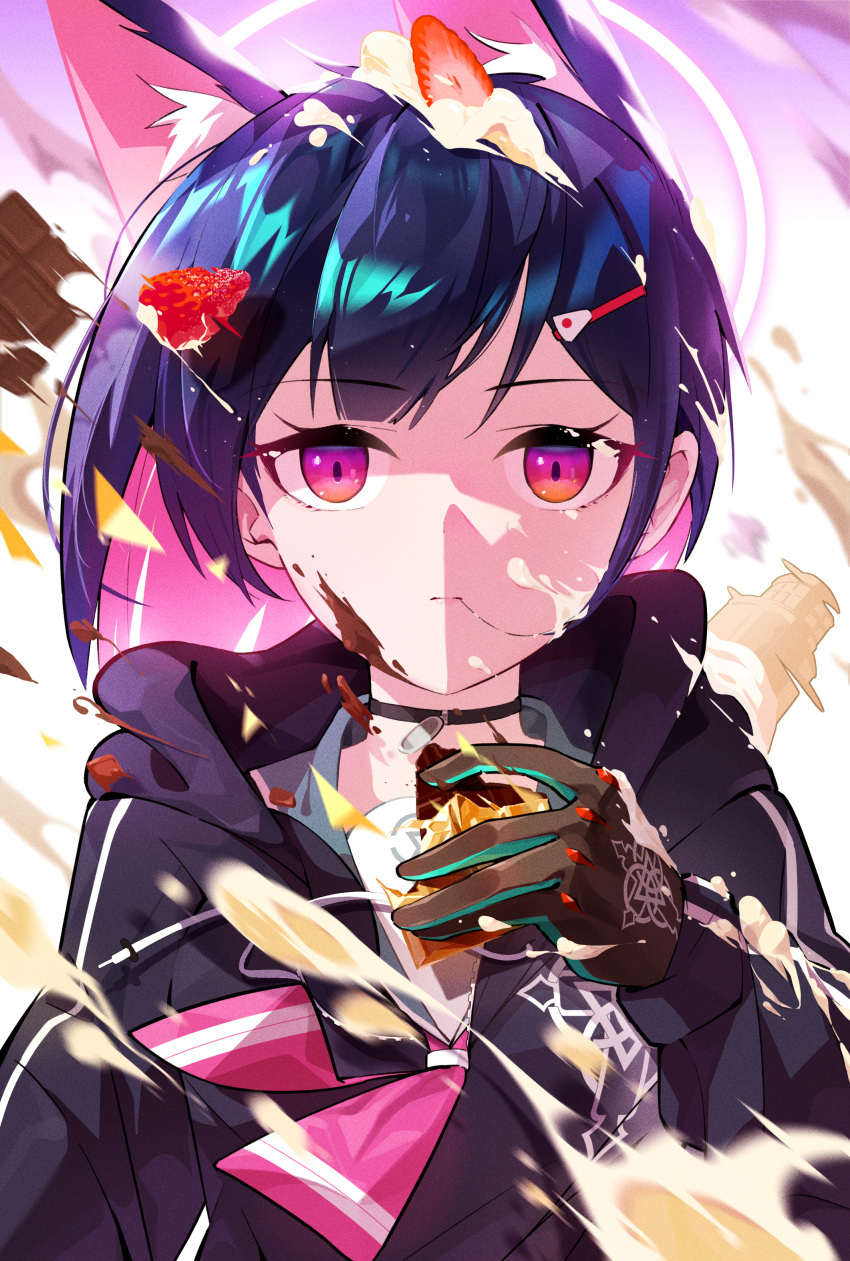 1girl absurdres animal_ear_fluff animal_ears bangs black_choker black_gloves black_hair blue_archive cat_ears cat_girl chocolate choker closed_mouth colored_inner_hair cream food food_on_face fruit gloves hair_ornament hairclip halo highres holding holding_food hood hooded_jacket jacket kazusa_(blue_archive) long_sleeves looking_at_viewer multicolored_hair nasan_(coldtime) pink_hair red_eyes sailor_collar school_uniform serafuku solo two-tone_hair upper_body