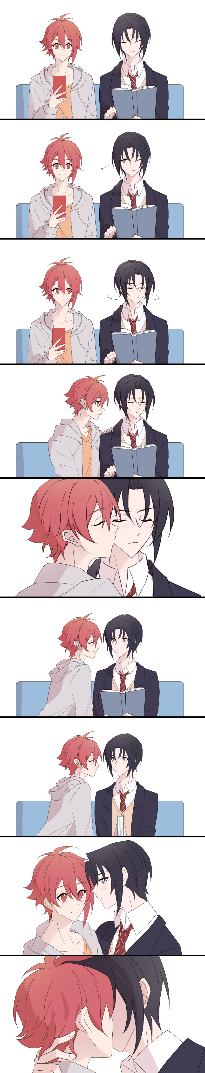 1052264052 2boys absurdres ahoge bishounen black_hair blue_hair book couch highres holding holding_book holding_phone idolish_7 incredibly_absurdres izumi_iori kiss kissing_cheek male_focus multiple_boys nanase_riku open_mouth phone red_eyes redhead short_hair smile tall_image white_background yaoi