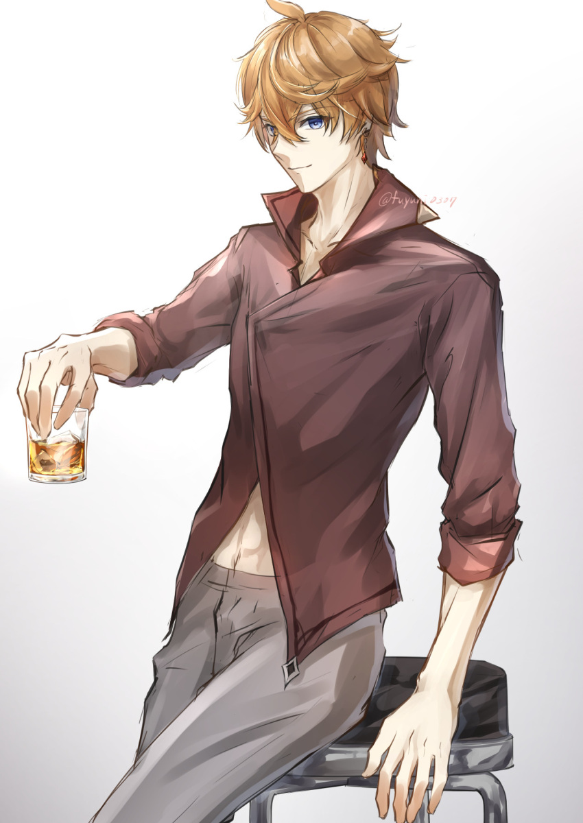 1boy ahoge alcohol arm_support artist_name bangs blue_eyes closed_mouth collarbone collared_shirt commentary_request cowboy_shot crossed_bangs cup earrings fuyuni0307 genshin_impact gradient gradient_background grey_background grey_pants hair_between_eyes hand_up highres holding holding_cup ice ice_cube jewelry looking_at_viewer male_focus orange_hair pants red_shirt shirt short_hair signature single_earring sleeves_rolled_up smile solo standing stomach stool tartaglia_(genshin_impact) twitter_username white_background