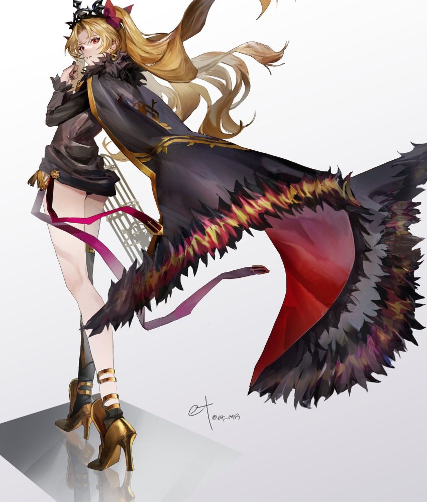 1girl bangs black_cape black_dress black_leotard black_nails black_sleeves blonde_hair bow breasts cape dress earrings ereshkigal_(fate) et_atr3 expressionless fate/grand_order fate_(series) full_body fur-trimmed_cape fur_cape fur_trim gold_footwear gold_trim hair_bow hair_ribbon high_heels highres hoop_earrings infinity jewelry leotard leotard_under_clothes long_hair looking_at_viewer looking_back medium_breasts multicolored_cape multicolored_clothes parted_bangs red_bow red_eyes ribbon signature single_thighhigh solo thigh-highs tiara two_side_up very_long_hair