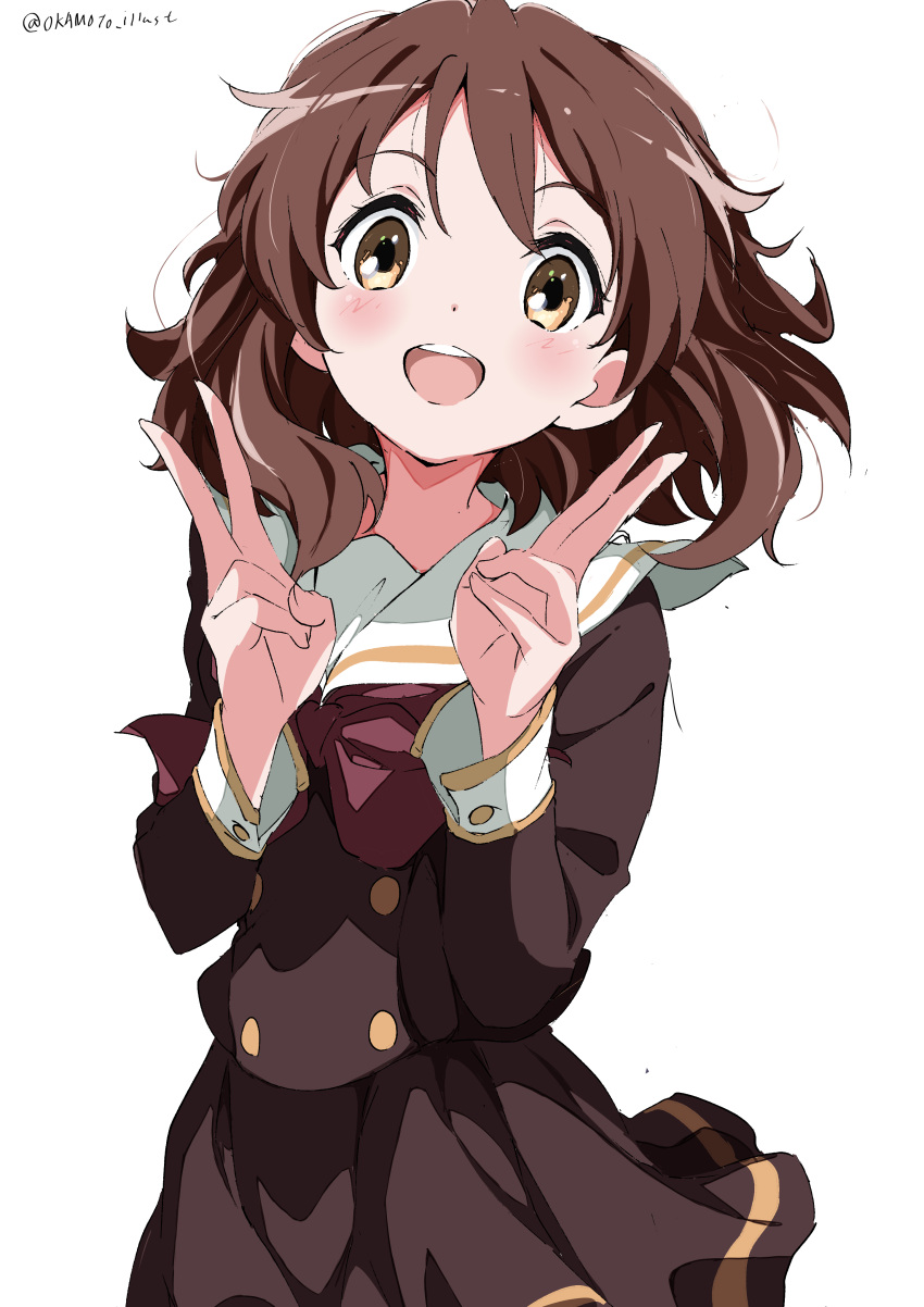 1girl :d absurdres artist_name bangs blush brown_eyes brown_hair brown_shirt brown_skirt double_v hands_up hibike!_euphonium highres kitauji_high_school_uniform long_sleeves looking_at_viewer neckerchief open_mouth oumae_kumiko pleated_skirt red_neckerchief sailor_collar school_uniform serafuku shirt short_hair simple_background skirt smile solo standing teeth uniform upper_teeth v white_background white_gorilla_(okamoto) white_sailor_collar