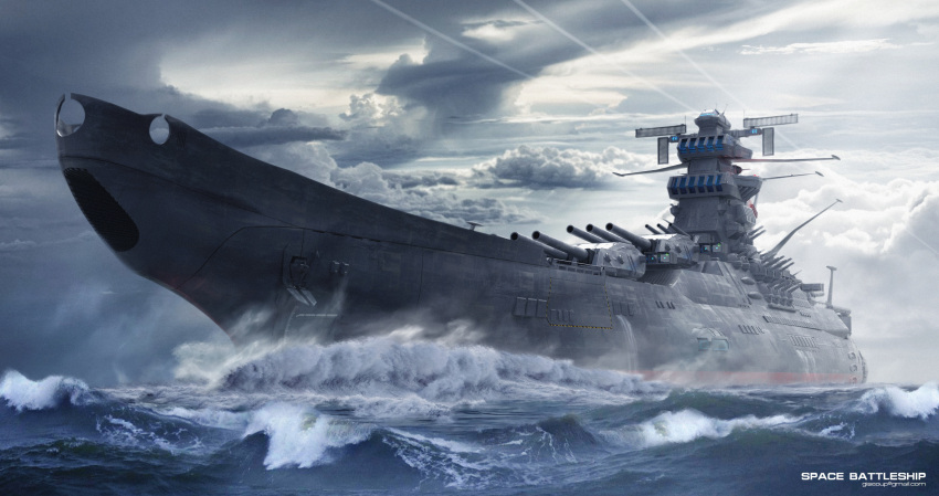 cannon clouds contrail energy_cannon english_commentary english_text highres machinery michaellee4 military muzzle no_humans ocean realistic redesign science_fiction signature spacecraft title turret uchuu_senkan_yamato uchuu_senkan_yamato_2199 water wave_motion_gun waves yamato_(uchuu_senkan_yamato)