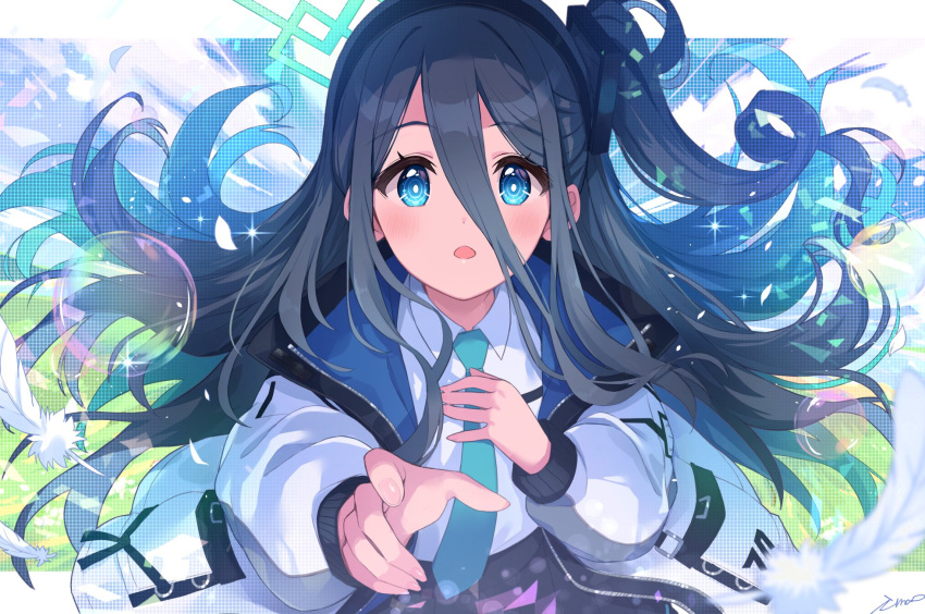 1girl arisu_(blue_archive) bangs black_hair black_hairband blue_archive blue_eyes blue_necktie bright_pupils bubble collared_shirt feathers hair_between_eyes hairband halo highres ima_(lm_ew) jacket long_hair looking_at_viewer multicolored_clothes multicolored_jacket necktie one_side_up open_mouth ringed_eyes shirt solo white_jacket white_pupils