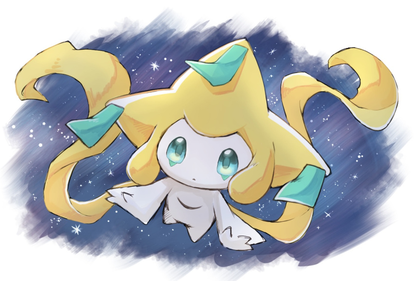 1other aqua_eyes blue_background blue_sclera blue_sky border colored_sclera colored_skin commentary floating full_body jirachi looking_at_viewer other_focus outside_border parted_lips pokemon pokemon_(creature) sky solo space star_(sky) starry_sky sukasshu_(mroooo) white_border white_skin