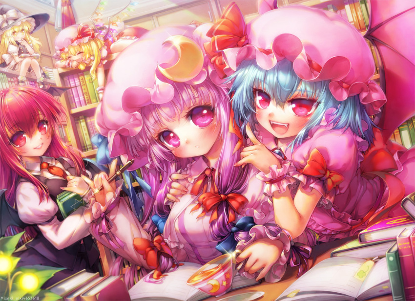5girls :d bat_wings blonde_hair blue_hair book crescent crescent_hat_ornament cup dress flandre_scarlet hat hat_ornament head_wings kirisame_marisa koakuma long_hair misaki_(kyal_001) mob_cap multiple_girls open_book patchouli_knowledge purple_dress purple_hair reading red_eyes redhead remilia_scarlet smile striped striped_dress teacup touhou violet_eyes wings witch_hat