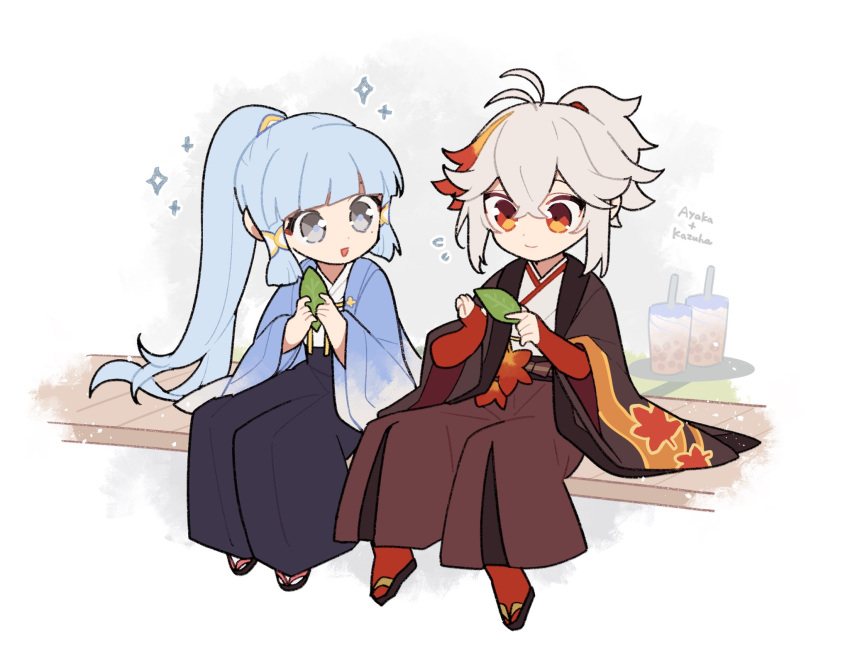 1boy 1girl bangs blue_hair blunt_bangs bubble_tea character_name commentary_request cup disposable_cup flying_sweatdrops genshin_impact grey_eyes grey_hair hakama highres holding holding_leaf japanese_clothes kaedehara_kazuha kamisato_ayaka leaf leaf_print long_hair mole mole_under_eye multicolored_hair open_mouth ponytail red_eyes redhead shigetake_(buroira) sidelocks simple_background sitting smile sparkle streaked_hair very_long_hair wide_sleeves younger