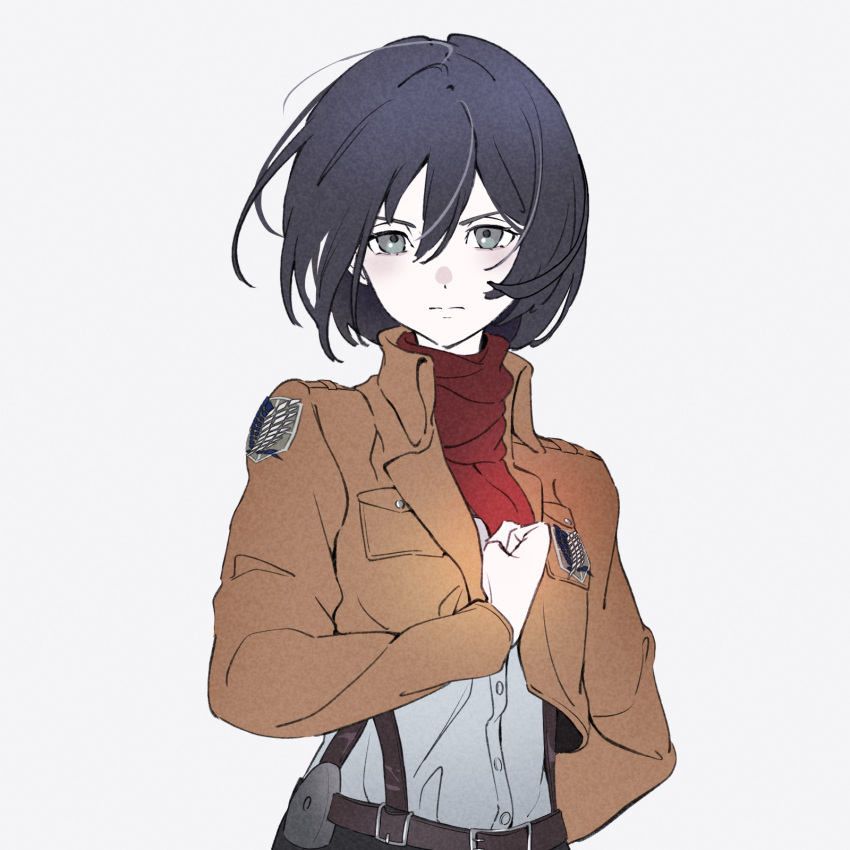 1girl :| badge bangs belt black_belt black_hair breast_pocket brown_jacket buckle buttons clenched_hand closed_mouth dot_nose grey_background grey_eyes hair_between_eyes hand_on_own_chest highres jacket light_frown long_sleeves looking_at_viewer mikasa_ackerman natsume_hinako paradis_military_uniform pocket red_scarf scarf shingeki_no_kyojin shirt short_hair simple_background solo standing upper_body white_shirt