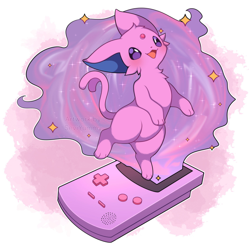 absurdres artist_name blush espeon floating forked_tail game_boy game_boy_color game_console handheld_game_console highres looking_up no_humans pokemon pokemon_(creature) sevi_(seviyummy) solo sparkle tail