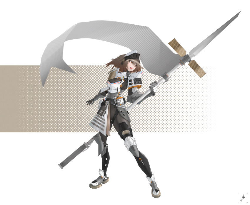 1girl :d absurdres armor banner belt belt_pouch bodysuit breastplate brown_hair forehead_protector full_body gauntlets highres holding holding_polearm holding_weapon knee_pads mixed-language_commentary orange_eyes original polearm pouch shoulder_armor smile solo standing teeth two-tone_background upper_teeth weapon white_background yitiaoyuwe