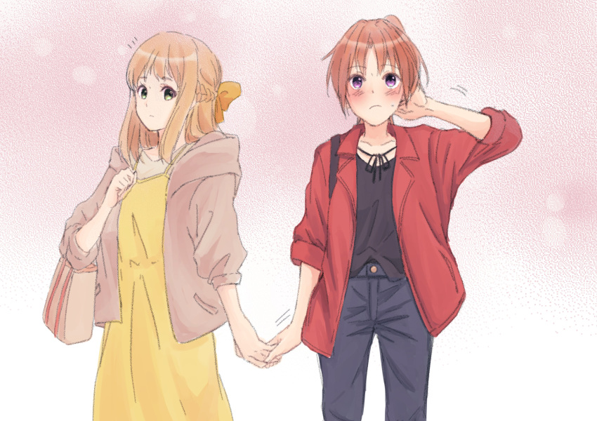 2girls absurdres arm_up bag bangs black_shirt blonde_hair blue_pants blush bow brown_cardigan brown_hair cardigan closed_mouth denim dress embarrassed green_eyes hair_bow hand_up handbag hibike!_euphonium highres holding_hands jacket jeans kero_liu long_hair long_sleeves looking_at_another looking_up multiple_girls nakagawa_natsuki pants ponytail red_jacket shirt sleeveless sleeveless_dress standing violet_eyes yellow_bow yellow_dress yoshikawa_yuuko yuri