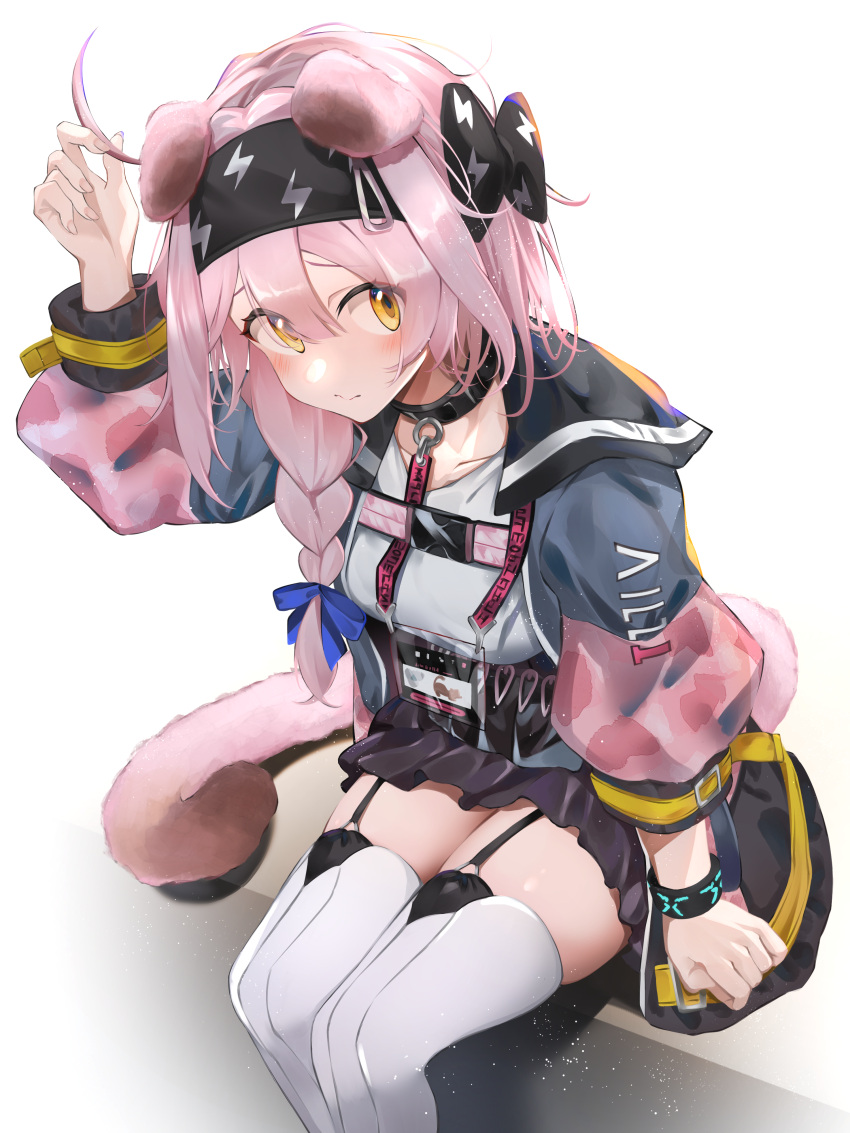 1girl absurdres ahoge ahoge_removed animal_ears arknights black_bow black_bracelet black_collar black_hairband black_skirt blue_jacket bow braid cat_ears cat_girl cat_tail collar feet_up floppy_ears garter_straps goldenglow_(arknights) hair_between_eyes hair_bow hairband hand_up heimu_(heim_kstr) highres id_card infection_monitor_(arknights) jacket lanyard lightning_bolt_print long_hair long_sleeves looking_at_viewer multicolored_clothes multicolored_jacket open_clothes open_jacket pink_hair pink_jacket print_bow print_hairband scissors shirt single_braid sitting skirt solo tail thigh-highs two-tone_jacket white_shirt white_thighhighs