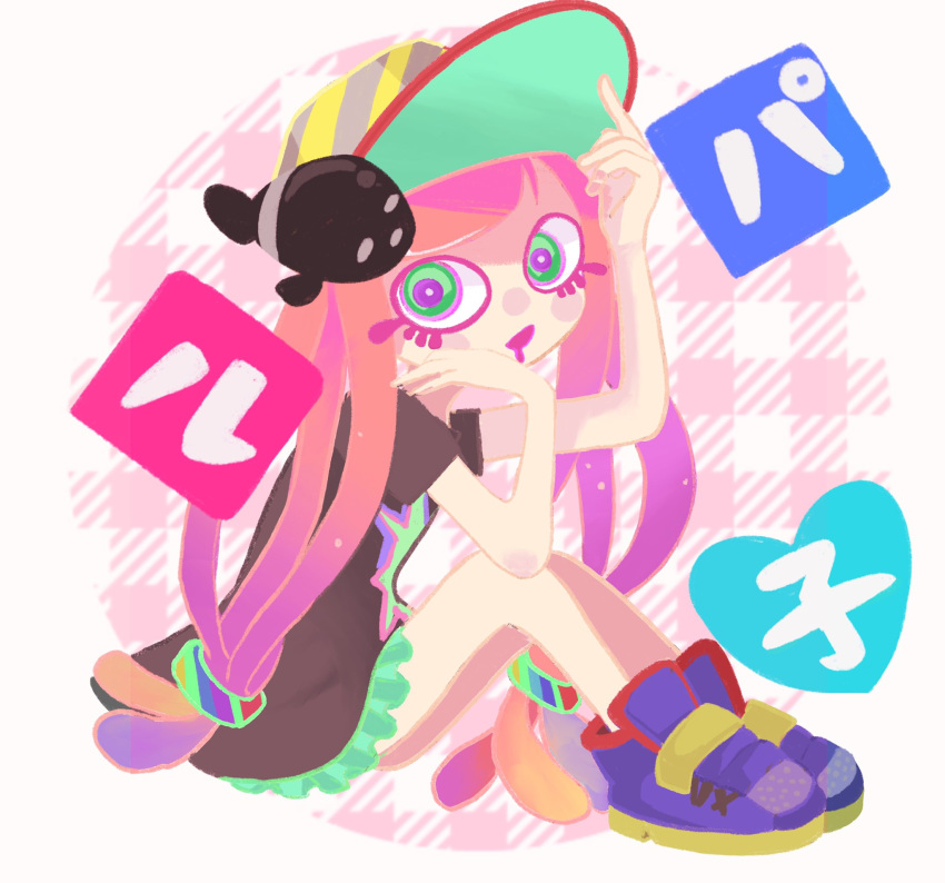1girl :d adjusting_clothes adjusting_headwear aqua_eyes aqua_skirt baseball_cap black_shirt character_name clownfish colored_eyelashes drooling fish full_body gradient_hair harmony's_clownfish_(splatoon) harmony_(splatoon) hat highres legs_together low_twintails miniskirt multicolored_clothes multicolored_footwear multicolored_hair multicolored_headwear no_eyebrows no_nose orange_hair oversized_clothes oversized_shirt paburo_(pablo_illust) pink_hair pleated_skirt purple_hair shirt shoes short_sleeves sitting skirt smile sneakers splatoon_(series) splatoon_3 striped striped_headwear tentacle_hair twintails
