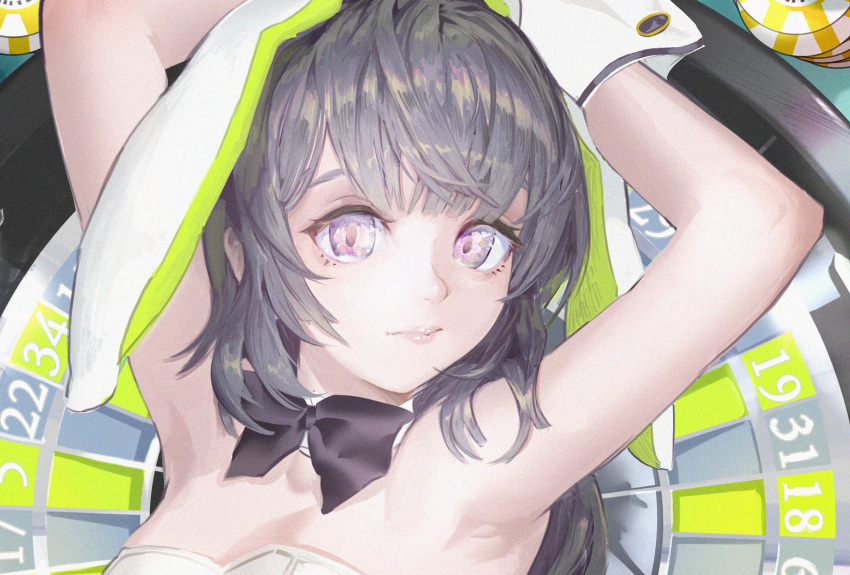 1girl animal_ears armpits arms_up bare_shoulders black_bow bow closed_mouth cropped eyelashes fake_animal_ears film_grain gigapuri grey_hair highres lipstick long_eyelashes long_hair looking_at_viewer makeup original poker_chip rabbit_ears roulette_table solo table upper_body violet_eyes