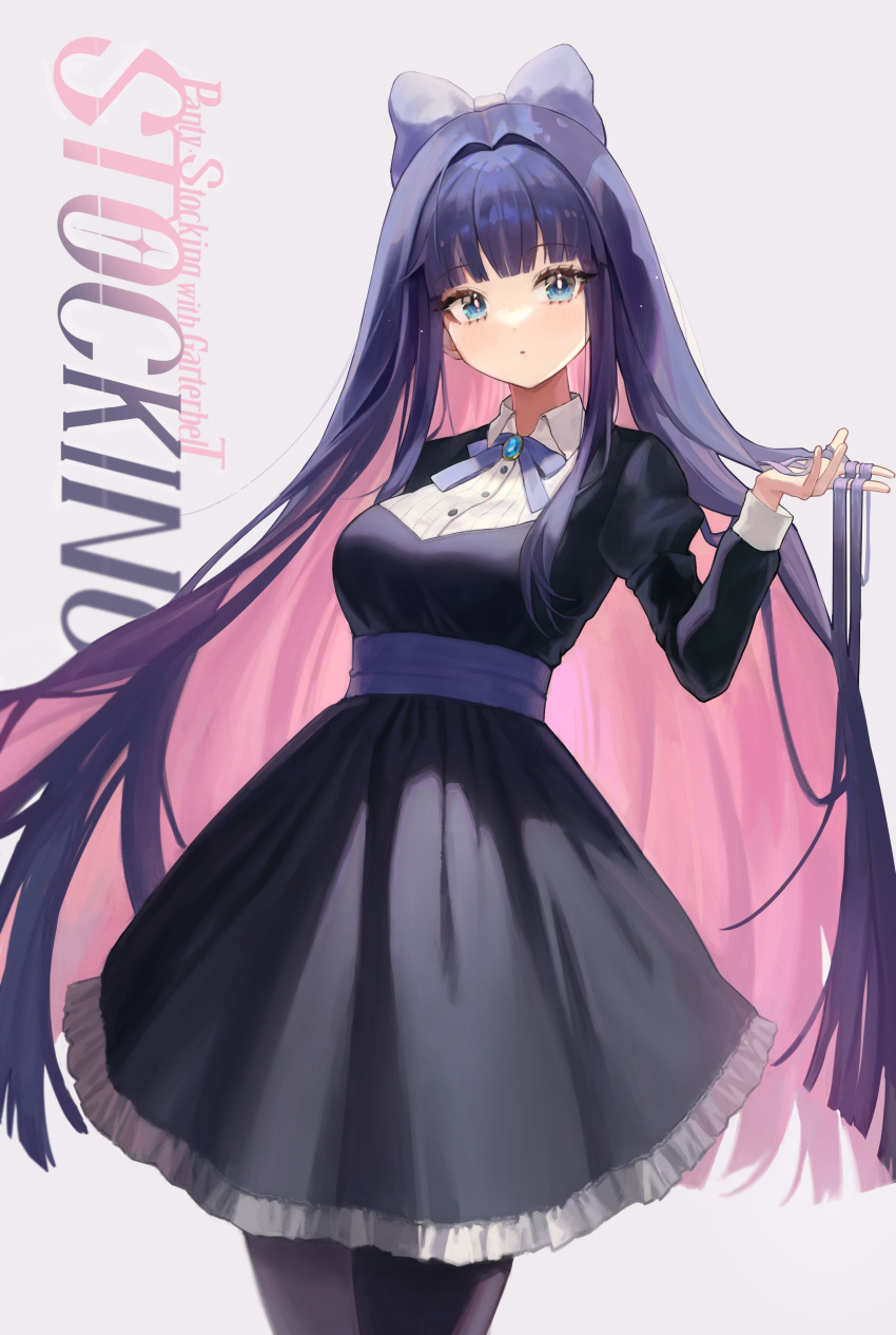 1girl absurdres bangs belt black_dress black_thighhighs blue_belt blue_bow blue_bowtie blue_eyes blue_hair bow bowtie breasts buttons character_name collared_dress copyright_name dress english_commentary english_text eyes_visible_through_hair ff_01 frills grey_background hand_up highres hime_cut long_hair long_sleeves looking_to_the_side medium_breasts multicolored_hair open_mouth panty_&amp;_stocking_with_garterbelt pink_hair puffy_long_sleeves puffy_sleeves purple_hair simple_background solo standing stocking_(psg) thigh-highs
