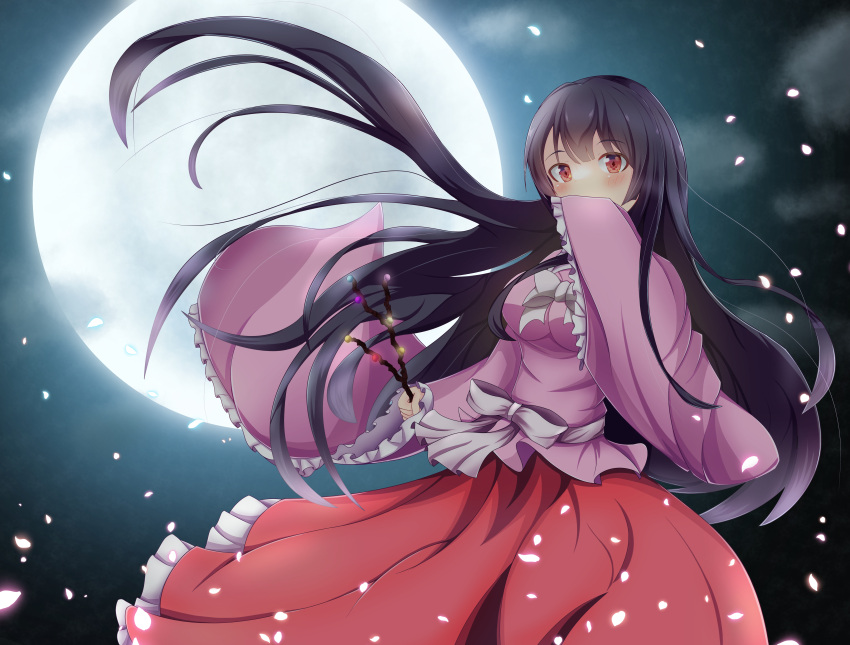 1girl absurdres bangs black_hair blunt_bangs bow bowtie branch collared_shirt floral_print frills highres hime_cut houraisan_kaguya japanese_clothes jeweled_branch_of_hourai long_hair long_skirt long_sleeves pink_shirt red_eyes red_skirt shirt shiso_gohan silo skirt sleeves_past_wrists touhou very_long_hair white_bow white_bowtie wind