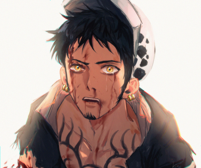 1boy bin_0k black_hair black_shirt blood blood_from_mouth blood_on_face collarbone crying highres injury male_focus one_piece open_clothes open_mouth open_shirt shirt short_hair simple_background tears torn_clothes torn_sleeves trafalgar_law upper_body white_background yellow_eyes