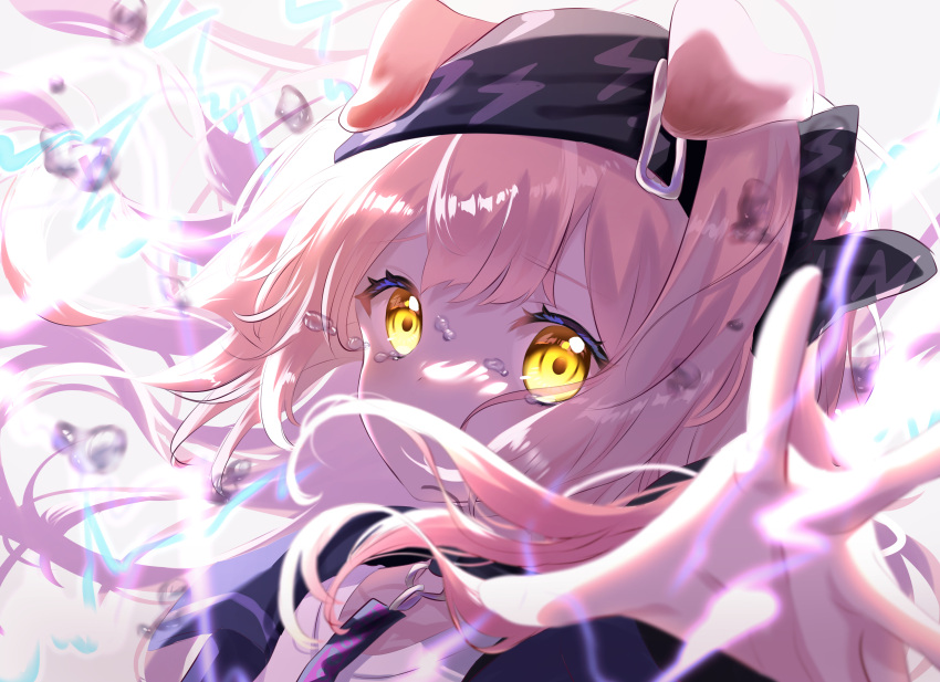 1girl absurdres animal_ears arknights blurry blurry_foreground cat_ears crying crying_with_eyes_open electricity goldenglow_(arknights) highres long_hair onasu_(nasubinari) pink_hair reaching_out tears yellow_eyes