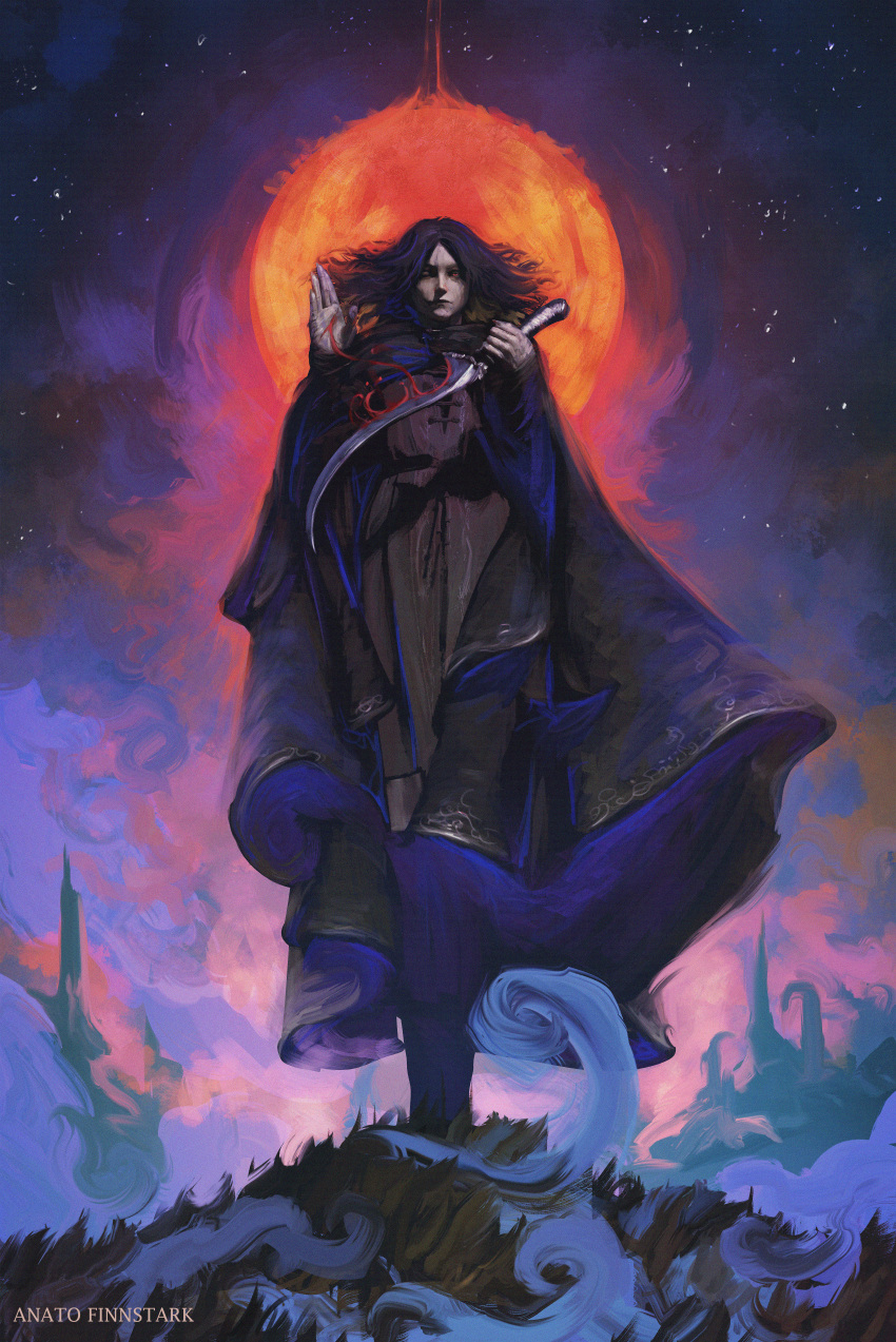 1girl absurdres anato_finnstark black_cloak blood blood_on_hands cape cloak dagger elden_ring floating_hair from_below highres holding holding_dagger holding_weapon hood hooded_cape hooded_cloak knife melina_(elden_ring) sky star_(sky) starry_sky weapon