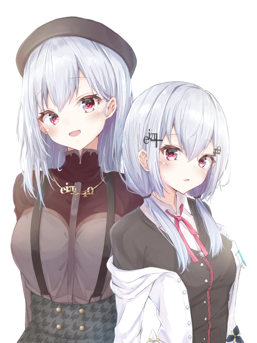 2girls :d beret black_cardigan black_headwear breasts cardigan ciawasemono collared_shirt dress_shirt dual_persona hair_ornament hairclip hakase_fuyuki hat highres jacket jewelry light_blue_hair low_twintails multiple_girls necklace nijisanji open_clothes open_jacket red_eyes shirt smile snowflakes suspenders twintails virtual_youtuber white_shirt