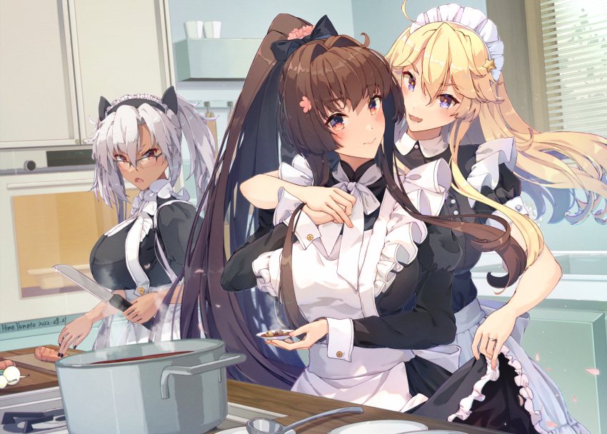 3girls alternate_costume apron black_dress blonde_hair blue_eyes breasts brown_eyes brown_hair carrot cherry_blossoms cooking dark_skin dress enmaided flower food frilled_apron frilled_dress frills glasses grey-framed_eyewear hair_between_eyes hair_flower hair_ornament hair_ribbon headgear highres himeyamato indoors iowa_(kancolle) kantai_collection kitchen knife ladle large_breasts light_brown_hair long_hair long_sleeves maid maid_apron maid_headdress multiple_girls musashi_(kancolle) musashi_kai_ni_(kancolle) onion pointy_hair ponytail puffy_short_sleeves puffy_sleeves rectangular_eyewear red_eyes ribbon semi-rimless_eyewear short_hair_with_long_locks short_sleeves soup star-shaped_pupils star_(symbol) stove symbol-shaped_pupils tasting tray twintails two_side_up waist_apron white_apron wrist_cuffs yamato_(kancolle)