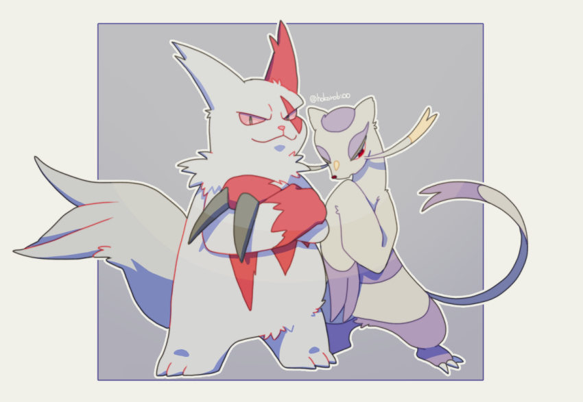 border claws closed_mouth commentary_request crossed_arms furry grey_background looking_at_viewer mienshao outline pokemon pokemon_(creature) s_(happycolor_329) smile standing white_border zangoose