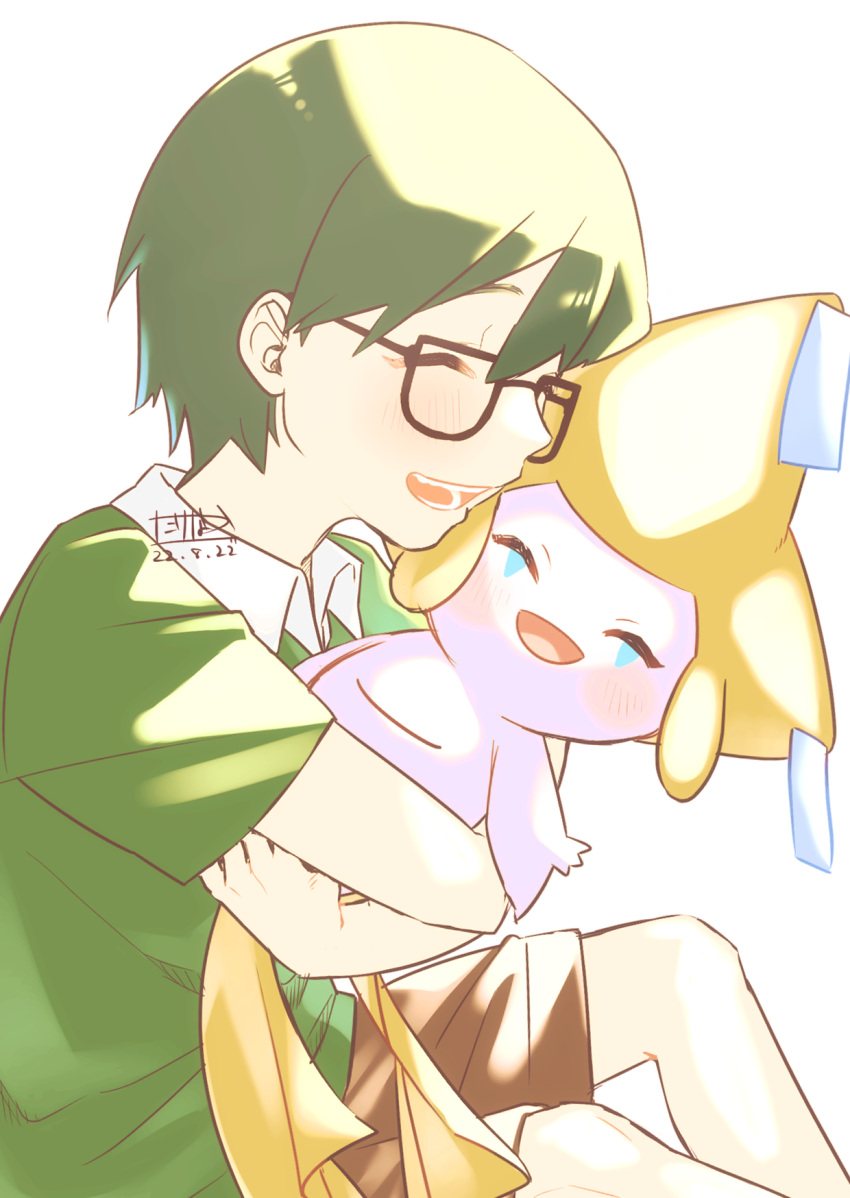 1boy :d affectionate bangs blush brown_shorts closed_eyes commentary_request dated glasses green_hair green_shirt happy highres holding holding_pokemon hug jirachi male_focus max_(pokemon) open_mouth pokemon pokemon:_jirachi:_wish_maker pokemon_(anime) pokemon_(creature) pokemon_rse_(anime) shirt short_hair short_sleeves shorts signature smile takenaka0229 teeth