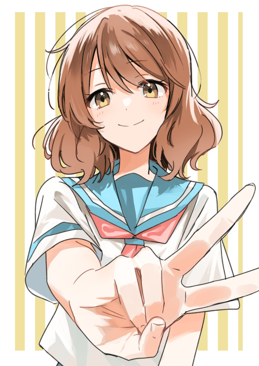 1girl brown_hair curly_hair hibike!_euphonium highres kitauji_high_school_uniform looking_at_viewer medium_hair monsieur neckerchief oumae_kumiko pink_neckerchief sailor_collar school_uniform serafuku shirt short_sleeves smile solo v white_serafuku white_shirt yellow_eyes