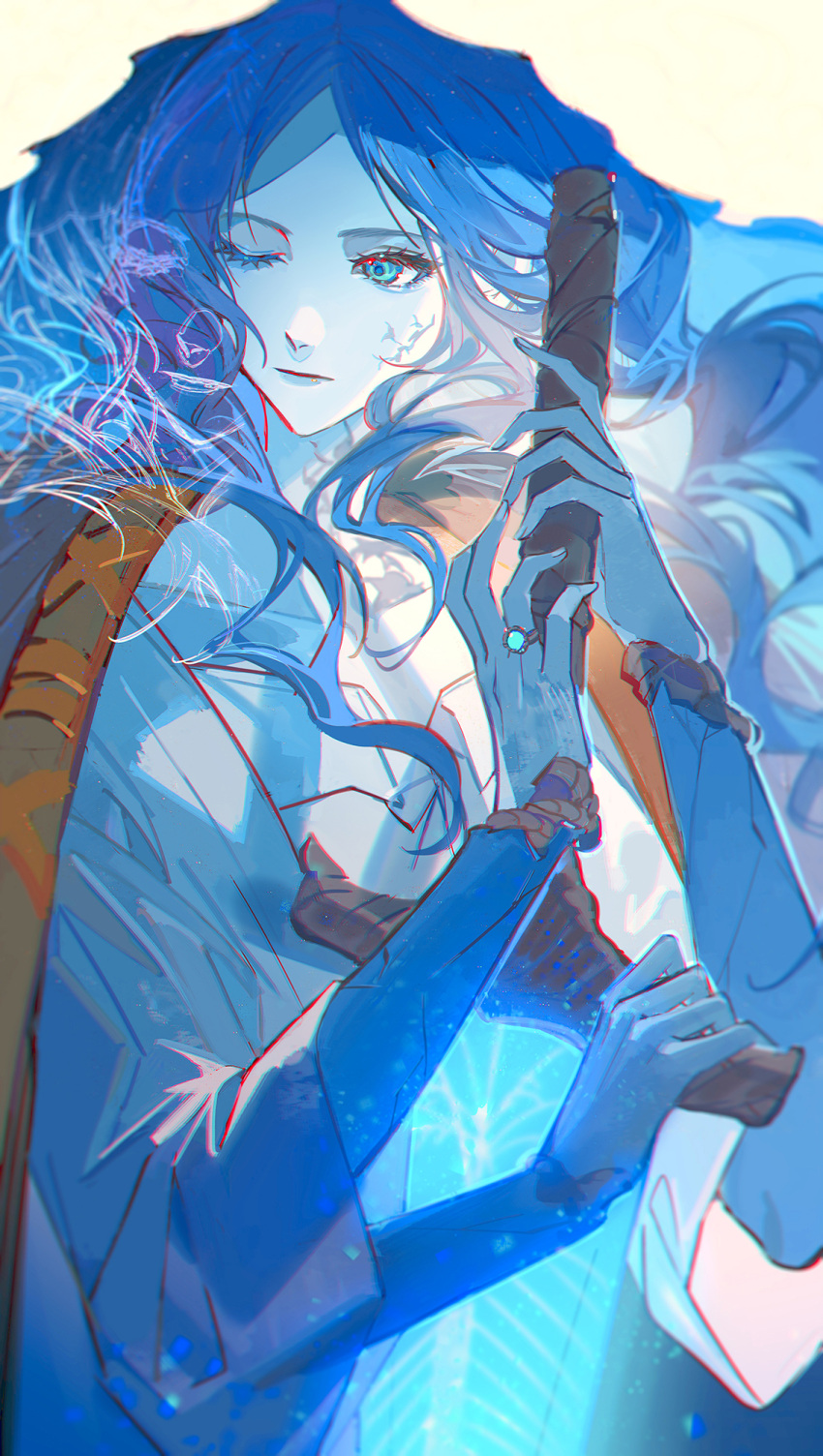 1girl blue_eyes blue_hair blue_lips blue_skin cloak closed_mouth colored_skin commentary cracked_skin doll_joints dress elden_ring english_commentary extra_arms extra_faces fur_cloak glowing glowing_sword glowing_weapon greatsword highres holding holding_sword holding_weapon jewelry joints lips long_hair looking_away looking_to_the_side moonlight_greatsword one_eye_closed ranni_the_witch ring satsuya solo sword wavy_hair weapon wedding_ring white_dress wide_sleeves