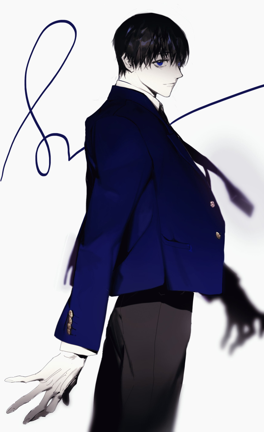 1boy absurdres black_hair black_pants blue_eyes blue_jacket blue_necktie closed_mouth colored_skin from_side highres jacket looking_at_viewer male_focus necktie original pants pigeon666 signature simple_background smile solo white_background white_skin