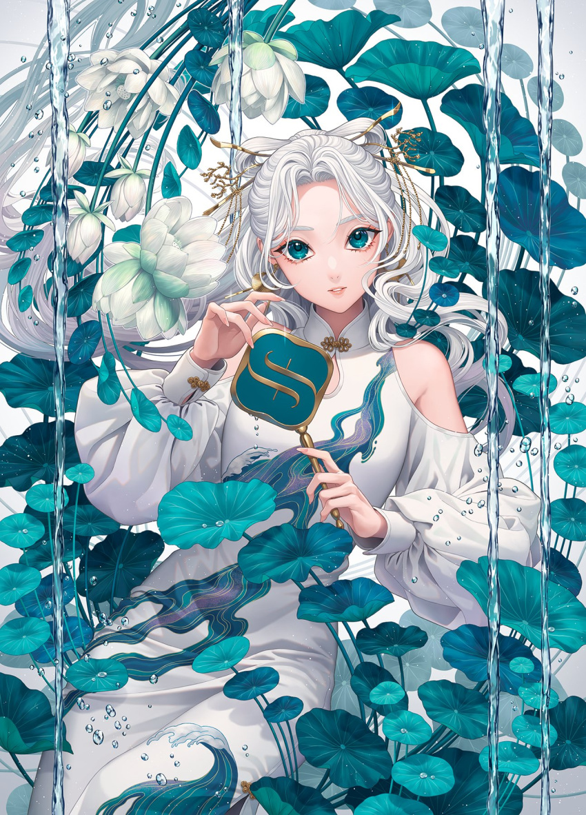 1girl bare_shoulders commentary_request dress flower glint green_eyes green_theme highres lily_pad liquid long_hair looking_at_viewer lotus minami_(minami373916) original parted_lips puffy_sleeves solo water water_drop white_background white_dress white_hair
