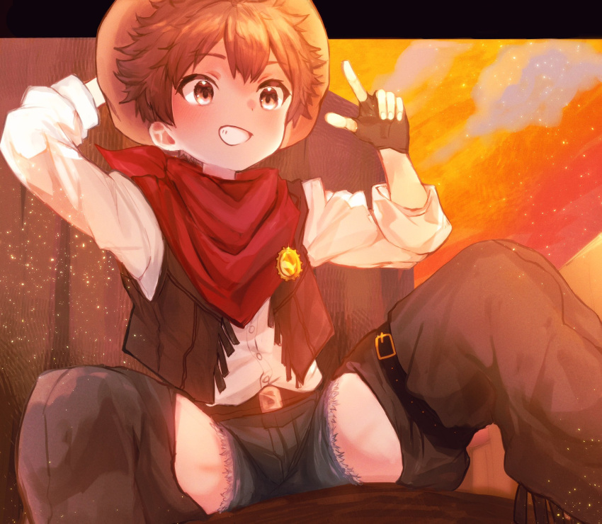 1boy belt brown_hair child clouds cloudy_sky commentary_request commission cowboy cowboy_hat cowboy_western fate/grand_order fate_(series) fingerless_gloves fujimaru_ritsuka_(male) gloves hat highres looking_at_viewer male_child male_focus mountainous_horizon orange_sky satoe short_hair sitting skeb_commission sky smile solo teeth