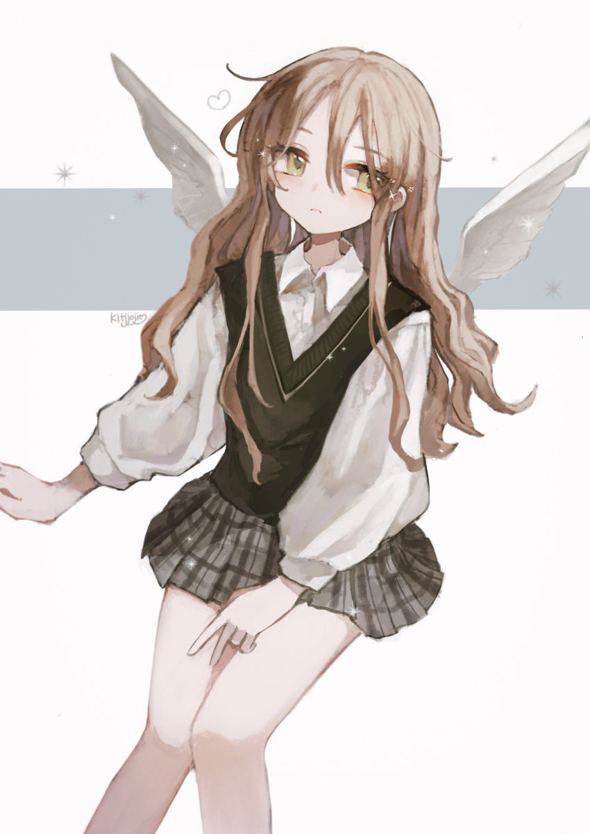 1girl absurdres angel_wings artist_name bangs bare_legs between_legs black_shirt closed_mouth collared_shirt expressionless green_eyes grey_skirt hair_between_eyes hand_between_legs heart highres invisible_chair kitijoji light_brown_hair long_hair long_sleeves looking_to_the_side original plaid plaid_skirt shirt sidelocks signature sitting skirt solo sparkle v v-neck white_background white_shirt wings