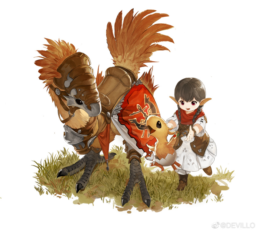 1girl :d armor avatar_(ff14) barding belt belt_pouch bird black_hair boots braid brown_footwear brown_vest chick chocobo commentary devil_lo dress eggshell emblem final_fantasy final_fantasy_xiv from_above full_body grass highres jumping knee_boots lalafell leg_up medium_hair o-ring open_mouth outdoors outstretched_arms pointy_ears pouch red_eyes red_scarf reins saddle scarf side_braids simple_background smile solo standing standing_on_one_leg symbol-only_commentary twin_braids vest weibo_logo weibo_username white_background white_dress