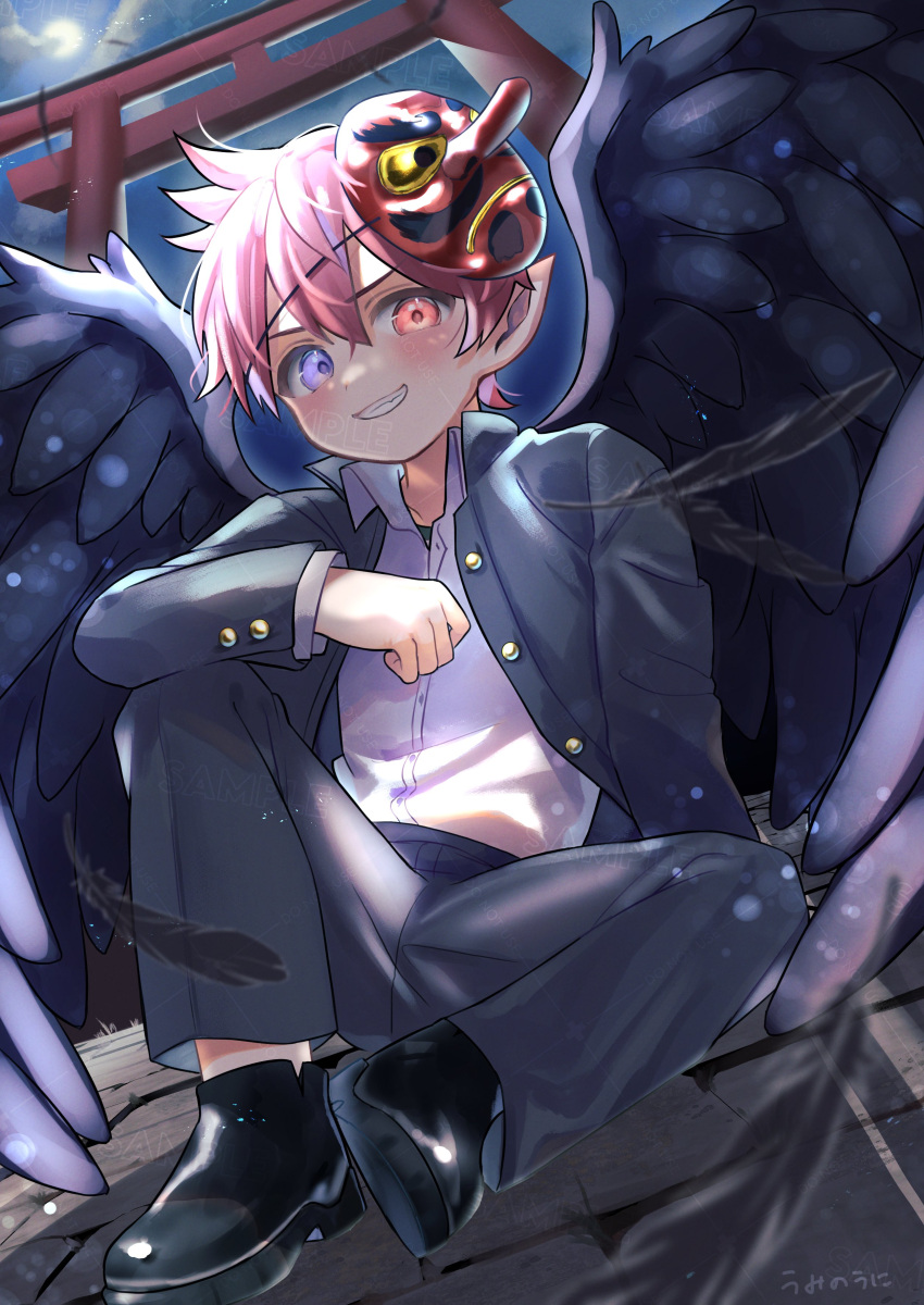 1boy absurdres aqua_eyes architecture bird_wings black_footwear blue_eyes business_suit child commentary_request commission demon_wings east_asian_architecture evening feathered_wings feathers formal heterochromia highres long_sleeves looking_at_viewer male_child male_focus mask mask_on_head oni_mask original pink_eyes pink_hair pointy_ears short_hair skeb_commission smile suit teeth umino_uni wings